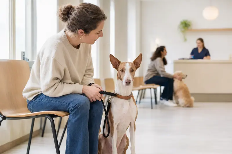 Ein Podenco Ibicenco sitzt ruhig neben seinem Besitzer im hellen Wartezimmer einer modernen Tierarztpraxis.